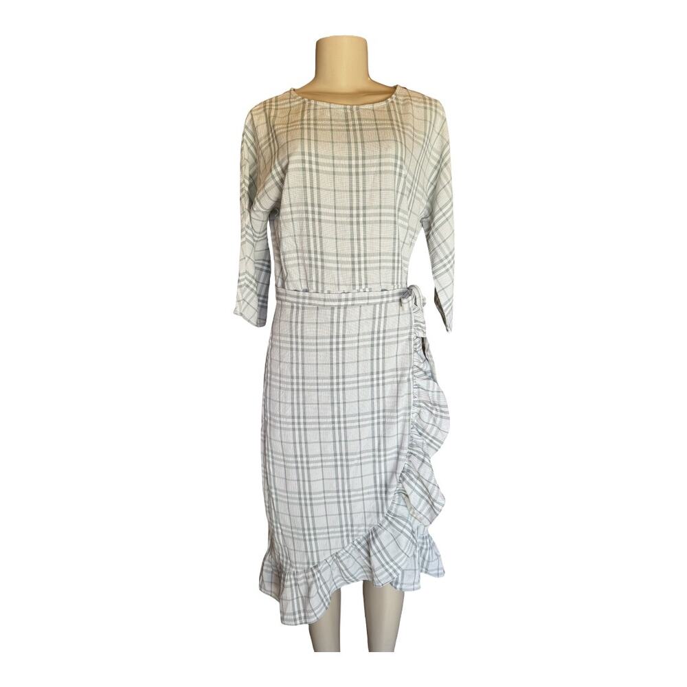 Chelsea28 Gray Plaid Faux Wrap Dress Old Money Cottage Career size SMALL NWT